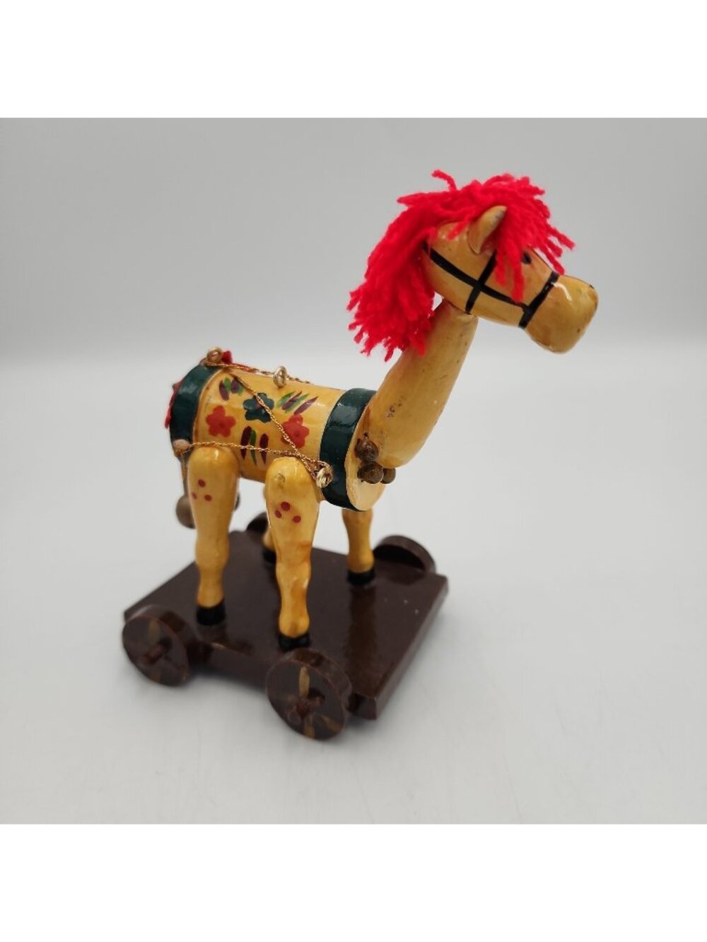 Vintage Wooden Trojan Toy Horse Christmas Ornament Wheeled Cart 4-3/4"H